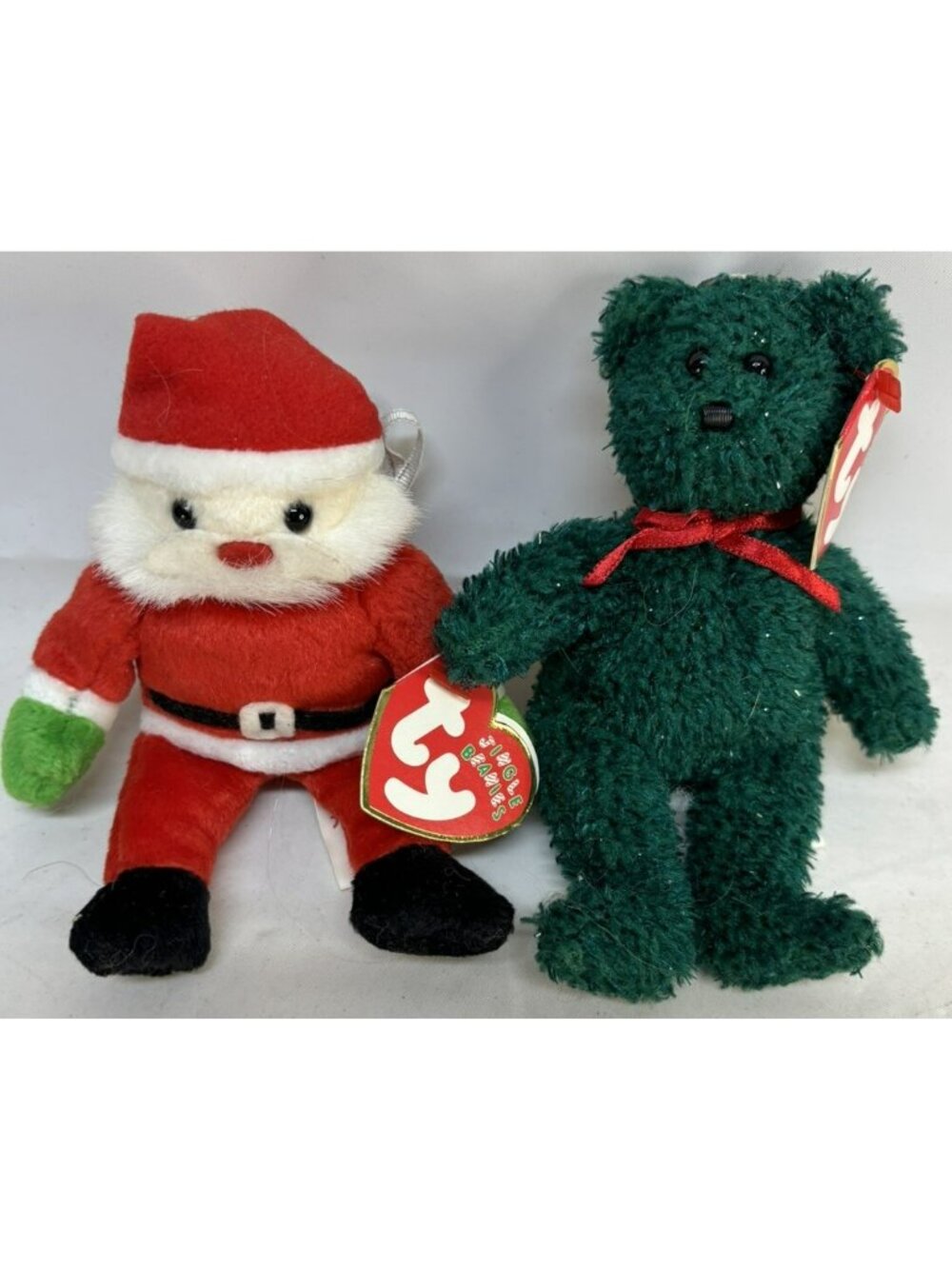 (2) Christmas Ornament TY JINGLE BEANIES Baby - Santa & 2001 Holiday Teddy Bear